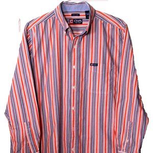 RALPH LAUREN CHAPS CASUAL SHIRT men's size L orange navy blue stripe Easy Care